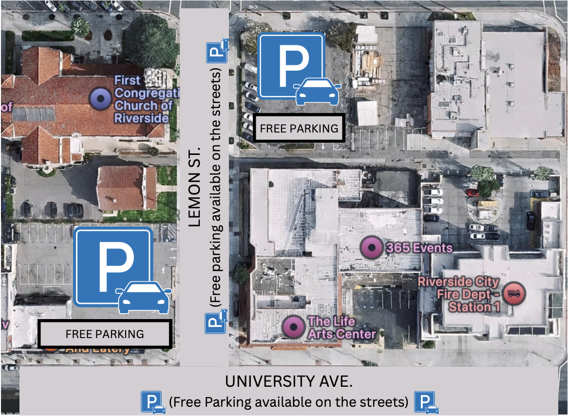 Parking map showing free parking near the Life Arts Center